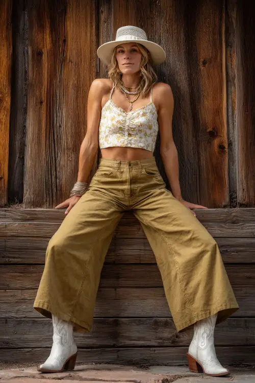 A relaxed woman wearing wide-leg cotton pants, a cropped sleeveless blouse, and white western boots, accessorized with bangles and a bucket hat