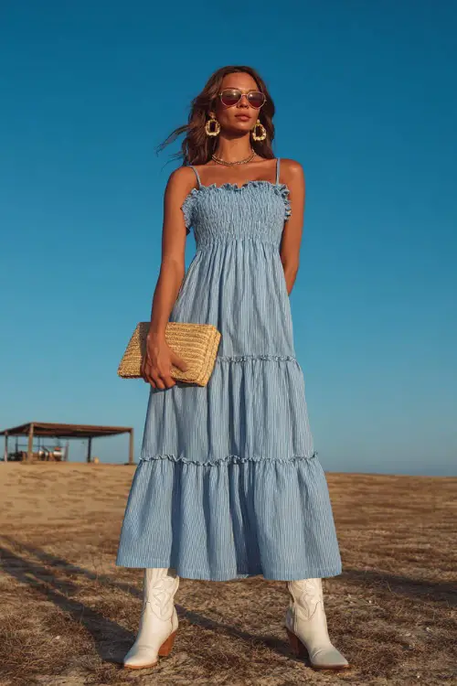 A stylish woman in a light blue tiered maxi dress with ruffle straps and white cowgirl boots, wearing gold hoop earrings and holding a straw clutch