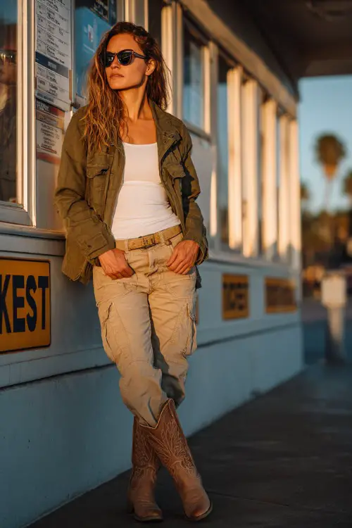 A stylish woman over 40 in boyfriend jeans, a tucked white tee, olive green utility jacket, and light brown western boots, standing in front of a ticket booth at sunset