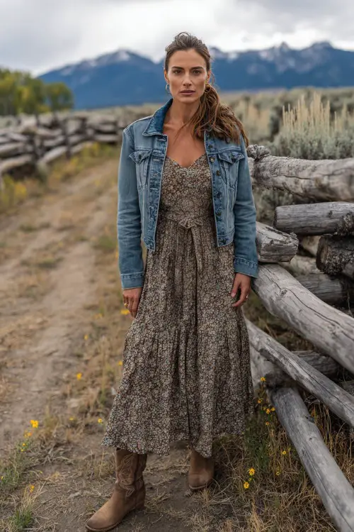 A stylish woman over 40 wearing a flowy boho maxi dress in earthy tones, a denim jacket tied at the waist, and suede cowboy boots, with minimal makeup and a messy ponytail 