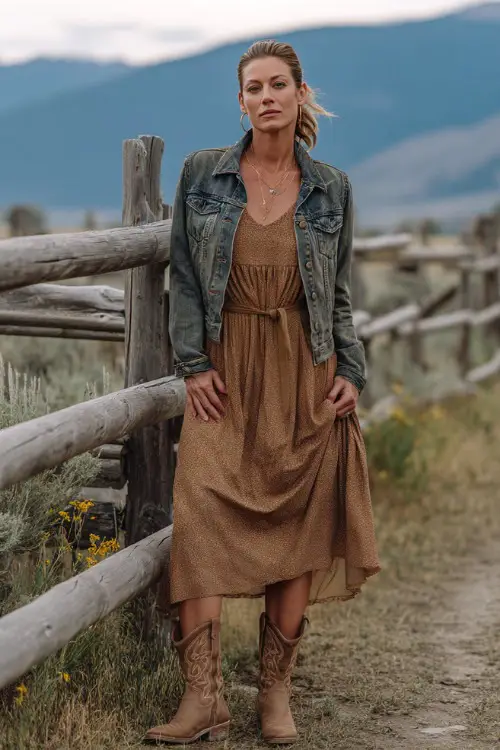 A stylish woman over 40 wearing a flowy boho maxi dress in earthy tones, a denim jacket tied at the waist, and suede cowboy boots, with minimal makeup and a messy ponytail