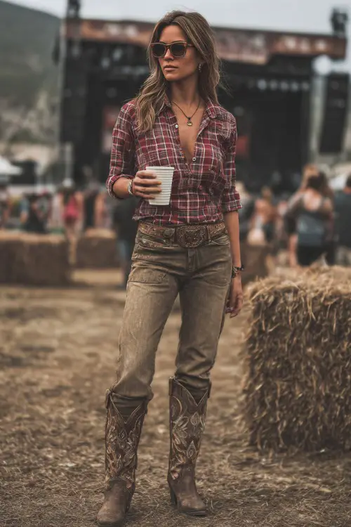 A stylish woman over 40 wearing ripped straight-leg jeans, a tucked-in plaid shirt with rolled-up sleeves, and tall embroidered boots