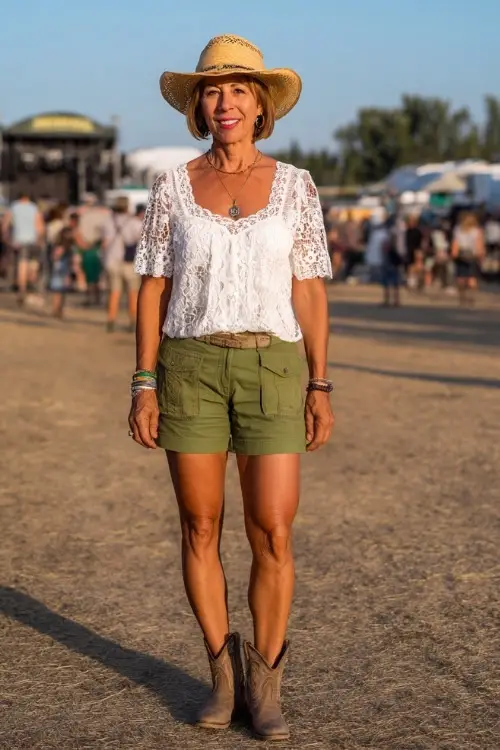 A stylish woman over 50 in a short-sleeve white lace blouse, olive green paperbag shorts, and ankle cowboy boots 