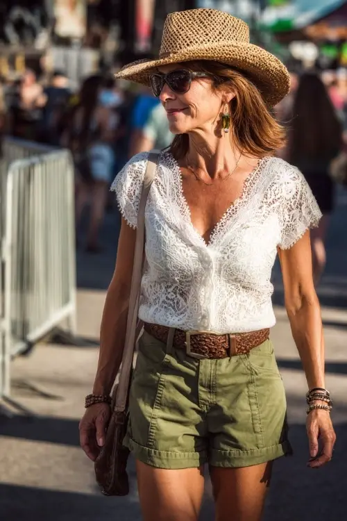 A stylish woman over 50 in a short-sleeve white lace blouse, olive green paperbag shorts, and ankle cowboy boots, accessorized with a straw fedora and minimal jewelry