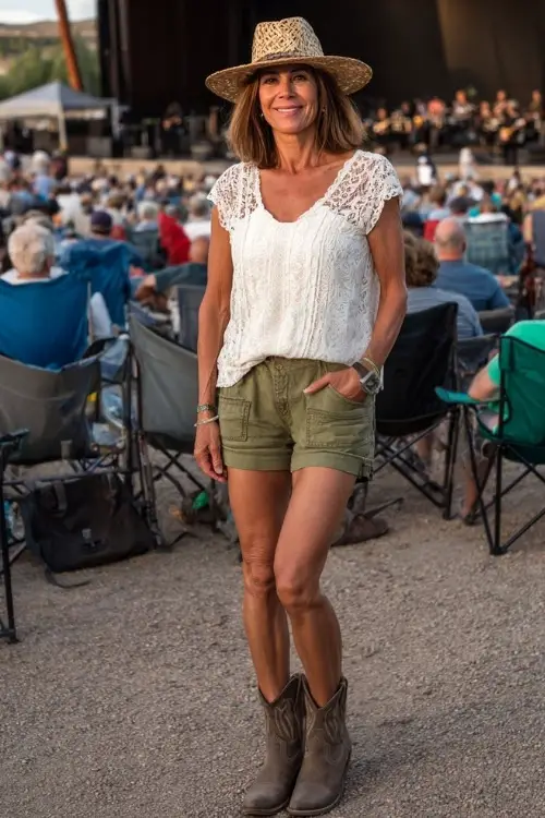 A stylish woman over 50 in a short-sleeve white lace blouse, olive green paperbag shorts, and ankle cowboy boots