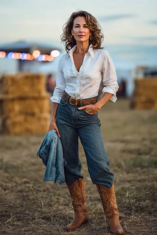 A stylish woman over 50 in high-waisted bootcut jeans, a white button-up blouse tucked in, and tan leather cowboy boots, holding a denim jacket in one hand