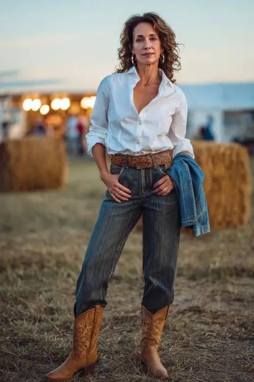 A stylish woman over 50 in high-waisted bootcut jeans, a white button-up blouse tucked in, and tan leather cowboy boots