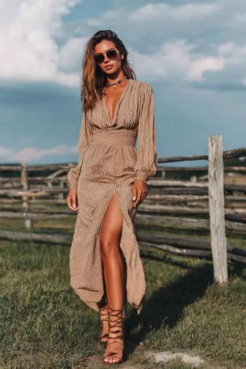 A woman dressed in a smocked midi dress with a high slit, styled with gladiator sandals and oversized sunglasses 