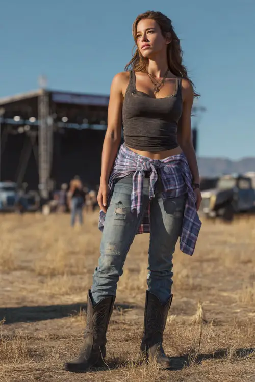 A woman dressed in distressed skinny jeans, a tucked-in ribbed tank top, and black cowboy boots, with a flannel shirt tied around her waist 