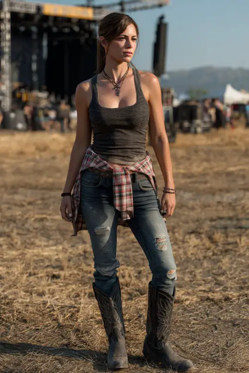 A woman dressed in distressed skinny jeans, a tucked-in ribbed tank top, and black cowboy boots, with a flannel shirt tied around her waist