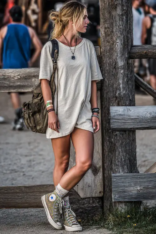 A woman in a casual oversized tee styled as a dress, paired with colorful Converse sneakers and a mini backpack