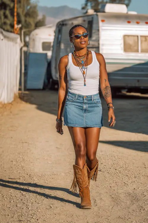 A woman in a denim skirt, tucked-in white tank top, and tan cowboy boots with fringe, wearing layered necklaces and sunglasses