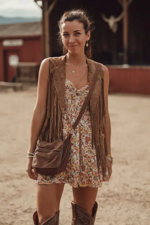 A woman in a floral mini dress layered with a suede fringe vest, complemented by knee-high cowboy boots and a leather crossbody bag 