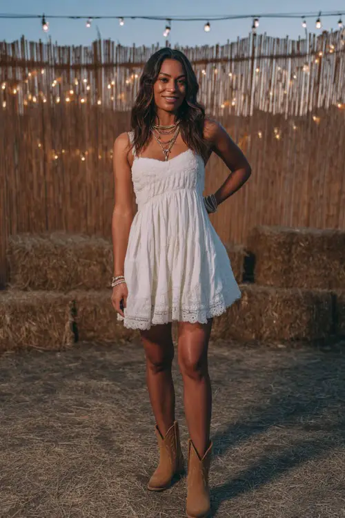 A woman in a flowy white sundress with lace details, accessorized with tan ankle boots and layered necklaces 