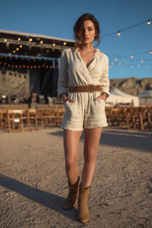 A woman in a lightweight linen playsuit, tan ankle boots, and a woven belt, standing casually in front of a country concert stage with sparse seating and string lights 