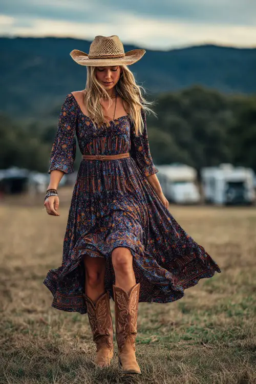 A woman in a patterned maxi dress with a cinched waist, paired with tan cowboy boots and a straw hat