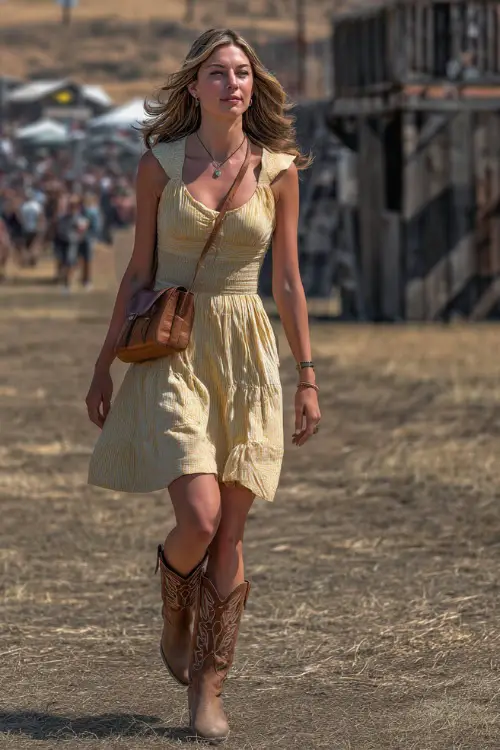 A woman in a smocked midi sundress in soft yellow with tan western boots and a crossbody leather bag, walking on dry grass near a wooden country concert setup 