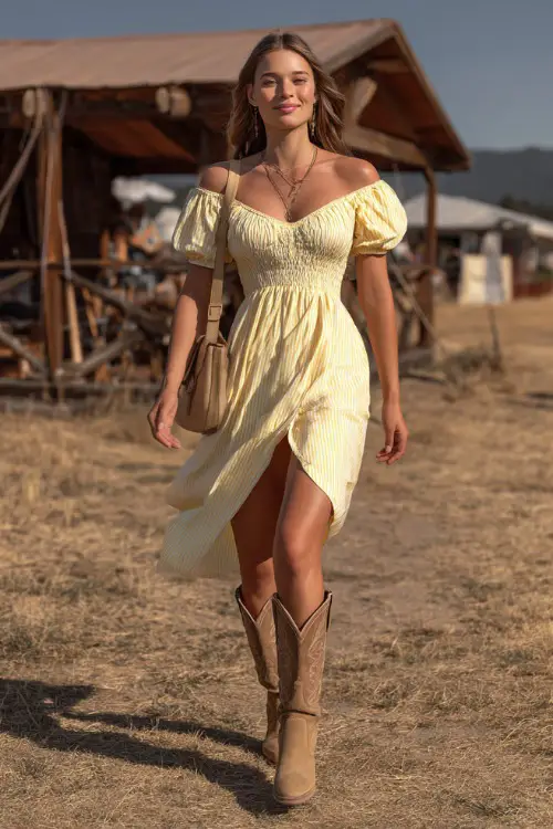 A woman in a smocked midi sundress in soft yellow with tan western boots and a crossbody leather bag, walking on dry grass near a wooden country concert setup
