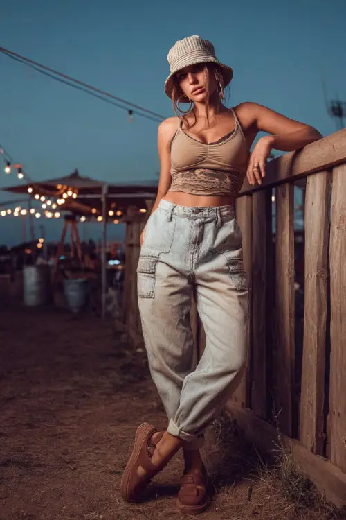 A woman in cuffed mom jeans, a tucked-in graphic tank top, and brown flat leather sandals, accessorized with a bucket hat and hoop earrings 