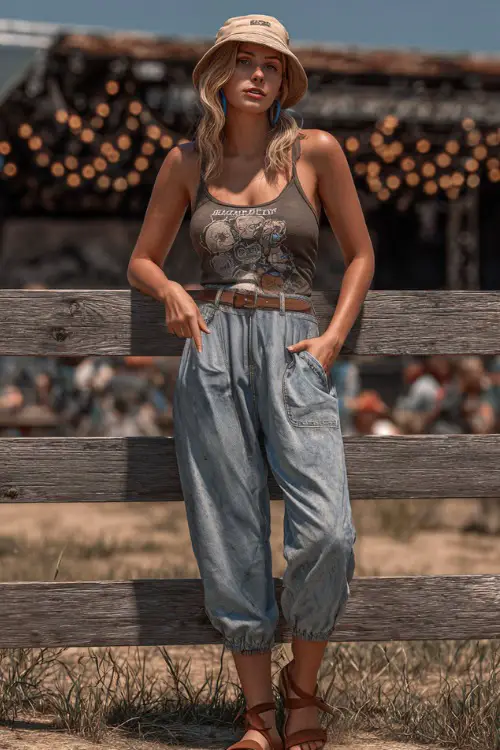 A woman in cuffed mom jeans, a tucked-in graphic tank top, and brown flat leather sandals, accessorized with a bucket hat and hoop earrings