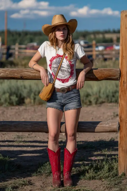 A woman in cutoff shorts, a vintage band tee, and red cowgirl boots, with a straw cowboy hat and crossbody bag, standing near a wooden fence at a small outdoor concert
