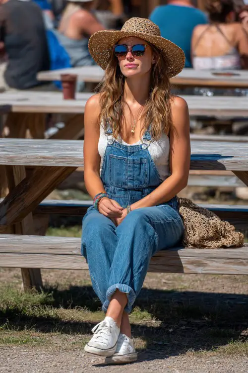 A woman in denim overalls over a ribbed tank top, paired with white slip-on sneakers and a woven sun hat