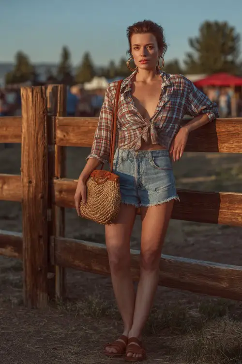 A woman in high-rise distressed denim shorts, a knotted plaid shirt, and strappy flat sandals, accessorized with hoop earrings and a woven shoulder bag