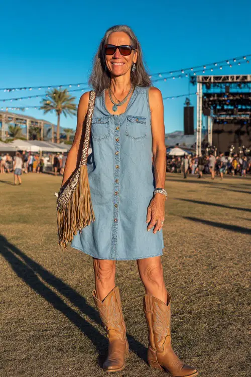 A woman over 40 in a light blue denim dress with button details, tan western boots, and a crossbody bag with fringe, with a sunny outdoor concert field and string lights behind her