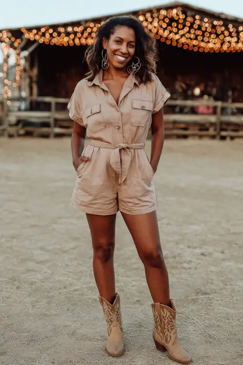 A woman over 40 in a short-sleeve belted utility romper with tan western boots, gold hoops, and natural waves in her hair 