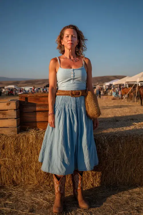 A woman over 40 in a tiered midi skirt with a tucked-in sleeveless chambray top, classic cowboy boots, and a straw crossbody bag