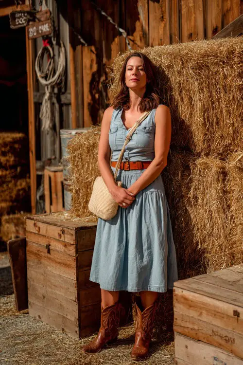 A woman over 40 in a tiered midi skirt with a tucked-in sleeveless chambray top, classic cowboy boots, and a straw crossbody bag 