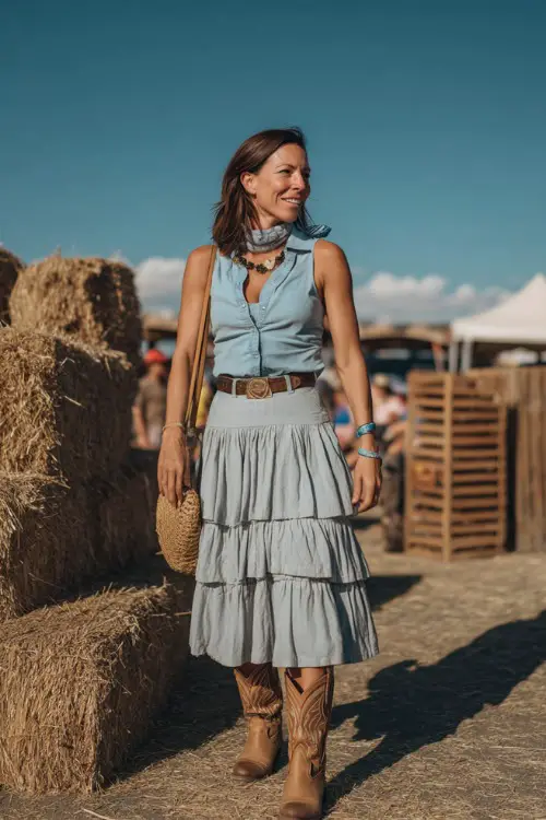 A woman over 40 in a tiered midi skirt with a tucked-in sleeveless chambray top, classic cowboy boots, and a straw crossbody bag