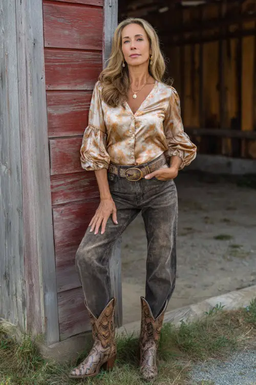 A woman over 40 in distressed flare jeans, a tucked-in satin blouse with puff sleeves, and snakeskin cowboy boots, posing beside a rustic wooden barn at a country event 