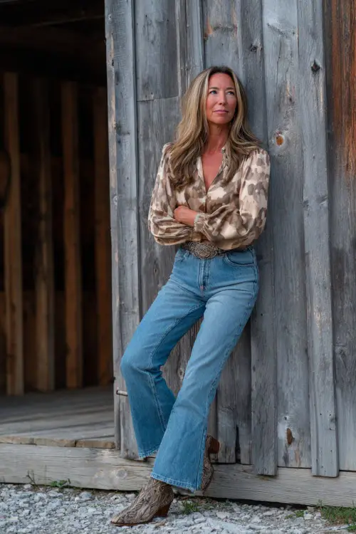 A woman over 40 in distressed flare jeans, a tucked-in satin blouse with puff sleeves, and snakeskin cowboy boots, posing beside a rustic wooden barn at a country event