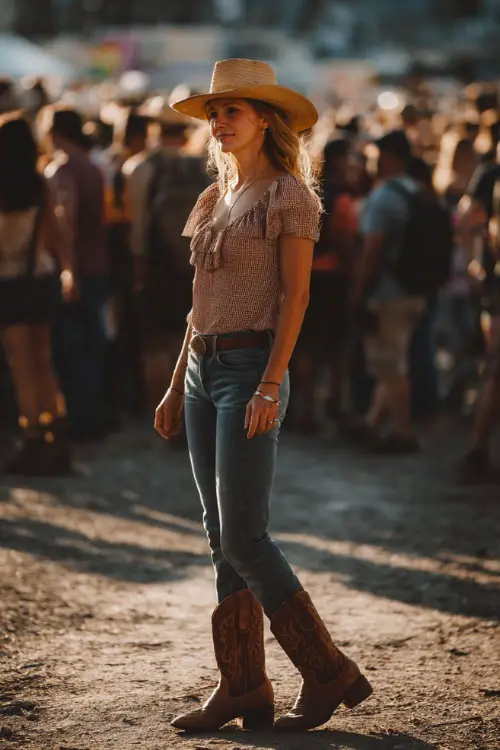 A woman over 40 in mid-rise blue jeans, a ruffle-trim blouse in soft beige, brown cowboy boots, and a straw fedora hat
