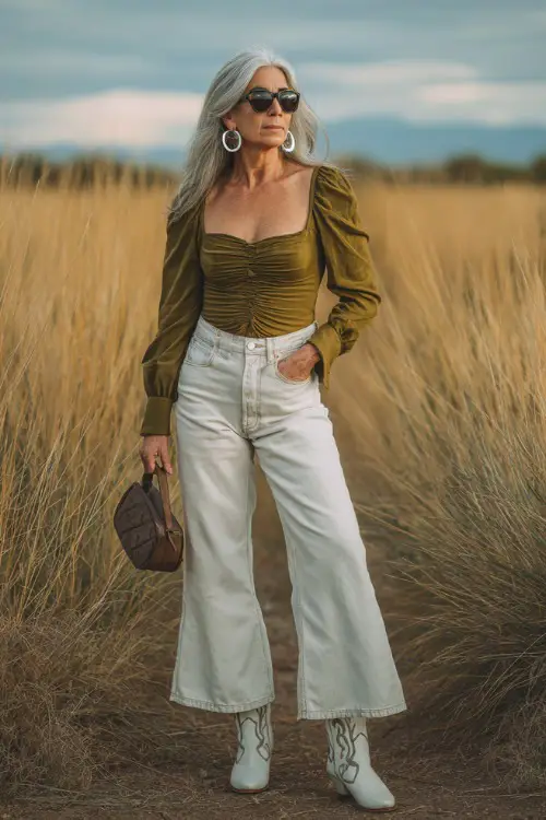 A woman over 40 in wide-leg jeans, a ruched square-neck blouse, and white cowboy boots, accessorized with a small leather purse and hoop earrings