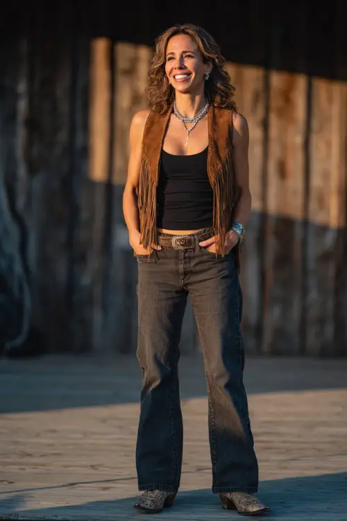 A woman over 40 rocking bootcut jeans, a black tank top, a fringed suede vest, and snakeskin cowboy boots