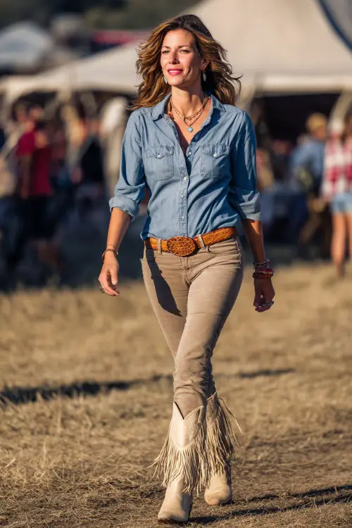 A woman over 40 styled in classic jeans with a half-tucked chambray shirt, beige fringe boots, and a brown belt, with casual waves and natural makeup 