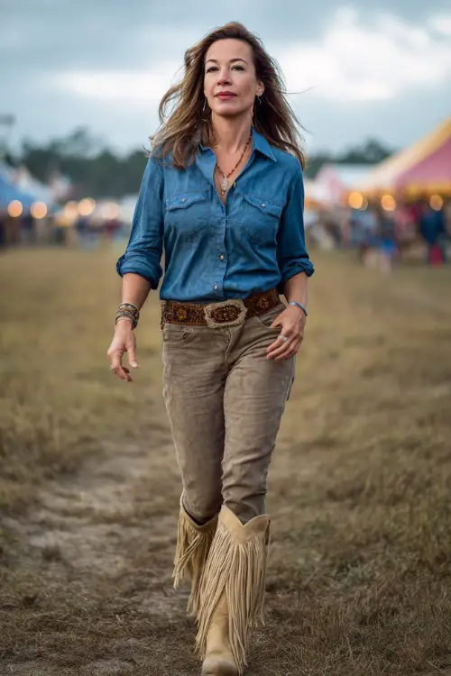 A woman over 40 styled in classic jeans with a half-tucked chambray shirt, beige fringe boots, and a brown belt, with casual waves and natural makeup