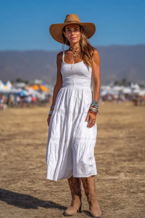 A woman over 40 wearing a sleeveless white cotton midi dress with eyelet details and tan cowboy boots, accessorized with a straw hat and layered bracelets