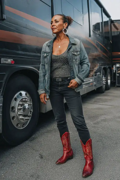 A woman over 40 wearing black skinny jeans, a silver-studded tank, a denim jacket, and red cowboy boots, accessorized with hoop earrings and a confident stance near a concert tour bus