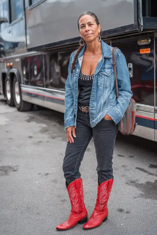 A woman over 40 wearing black skinny jeans, a silver-studded tank, a denim jacket, and red cowboy boots