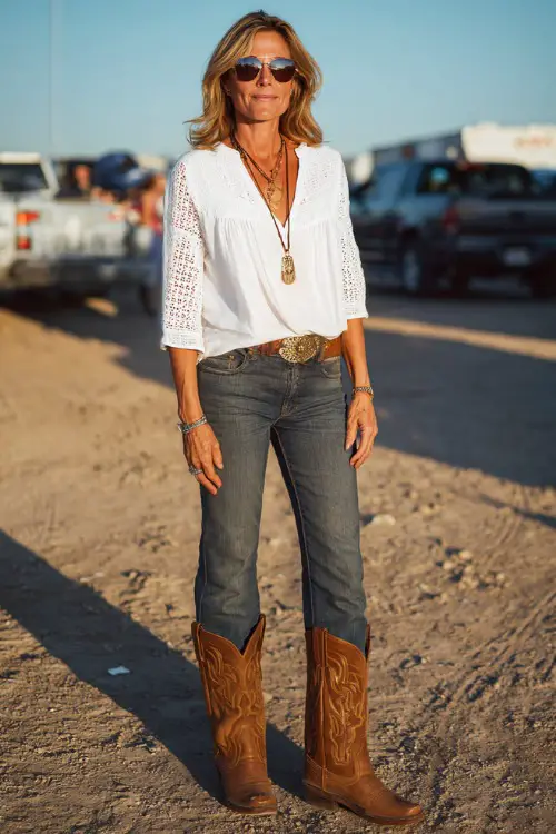 A woman over 40 wearing classic bootcut jeans, a white eyelet blouse, and brown leather cowboy boots, accessorized with a long pendant necklace and aviator sunglasses