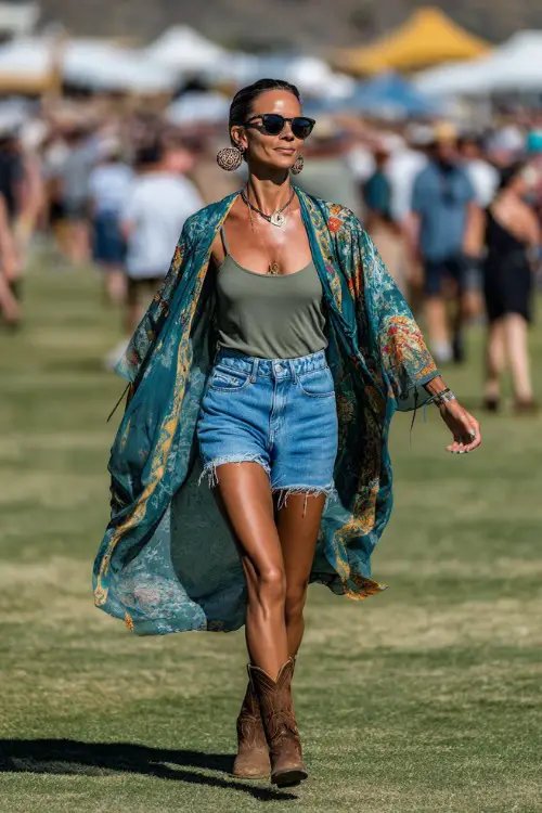 A woman over 40 wearing mid-wash jeans, a lightweight kimono over a tank top, ankle cowboy boots, and beaded earrings, with a soft breeze blowing through her hair 