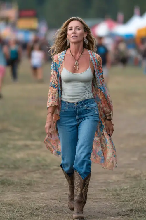A woman over 40 wearing mid-wash jeans, a lightweight kimono over a tank top, ankle cowboy boots, and beaded earrings, with a soft breeze blowing through her hair 