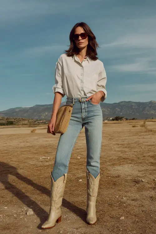 A woman over 40 wearing straight-leg light wash jeans, a tucked-in linen blouse, light-colored cowboy boots, and a straw crossbody purse 