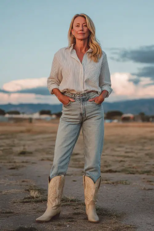 A woman over 40 wearing straight-leg light wash jeans, a tucked-in linen blouse, light-colored cowboy boots, and a straw crossbody purse