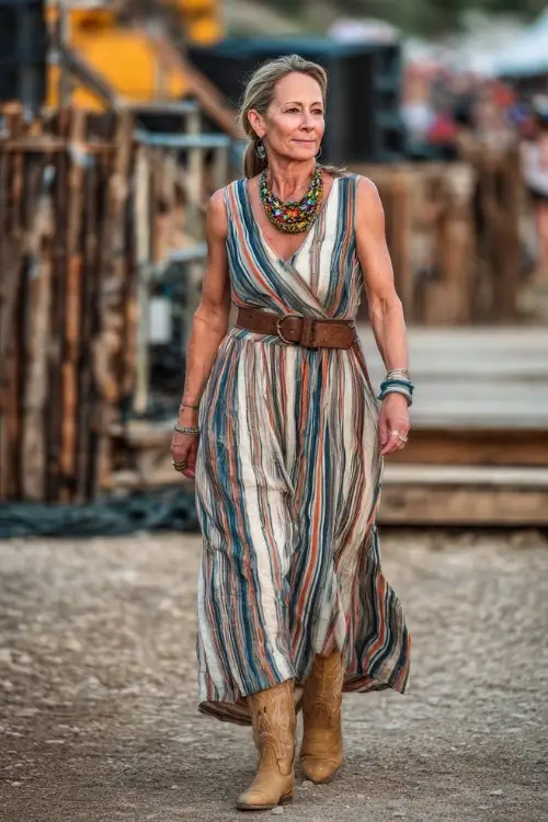 A woman over 50 dressed in a long striped sleeveless maxi dress with a belted waist, tan western boots, and a large statement necklace