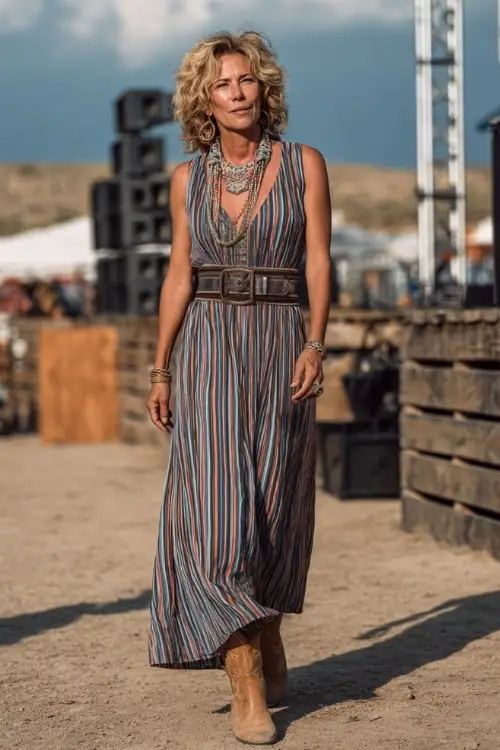 A woman over 50 dressed in a long striped sleeveless maxi dress with a belted waist, tan western boots