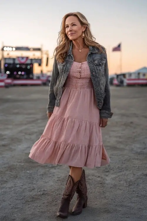 A woman over 50 dressed in a soft pink sundress with ruffle hem, denim jacket over her shoulders, and dark brown mid-calf cowboy boots 